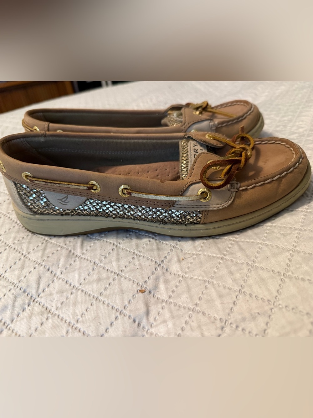 Sperry Tan Leather Moccasin Boat Shoes with Gold Glitter Panels - Women's